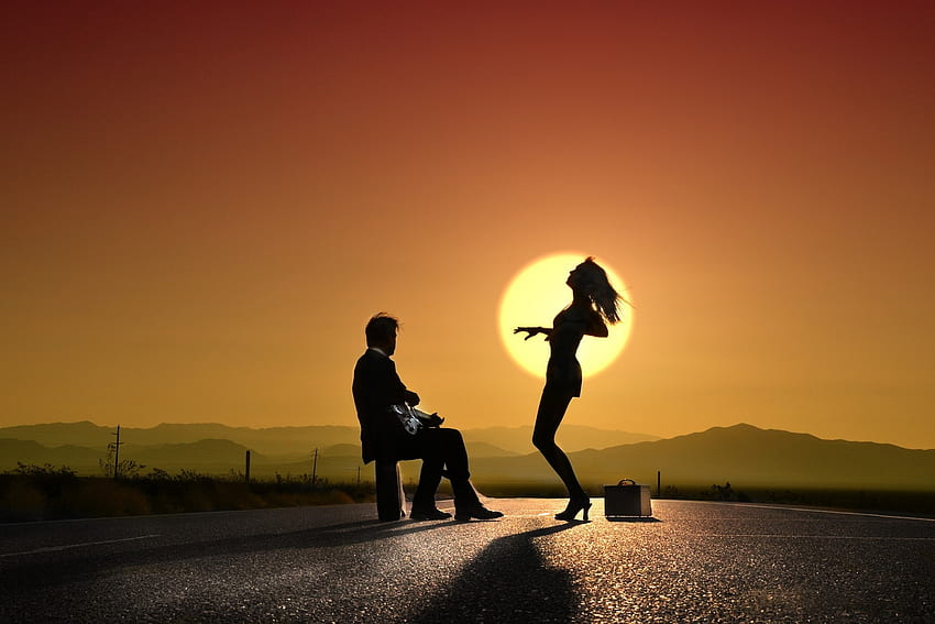 :-), black, dance, man, couple, orange, woman, silhouette, sunset HD wallpaper