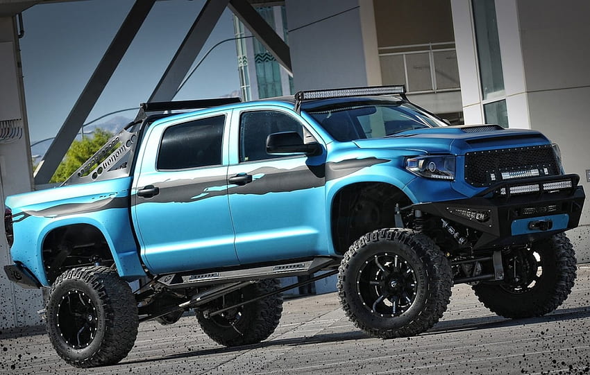 2014-Toyota-Tundra, camión, llantas negras, elevador, azul fondo de pantalla