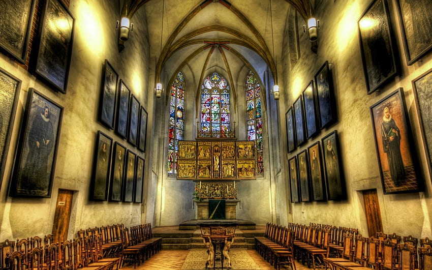 magnífica capilla interior r, alterar, capilla, sillas, vitral, r fondo de pantalla