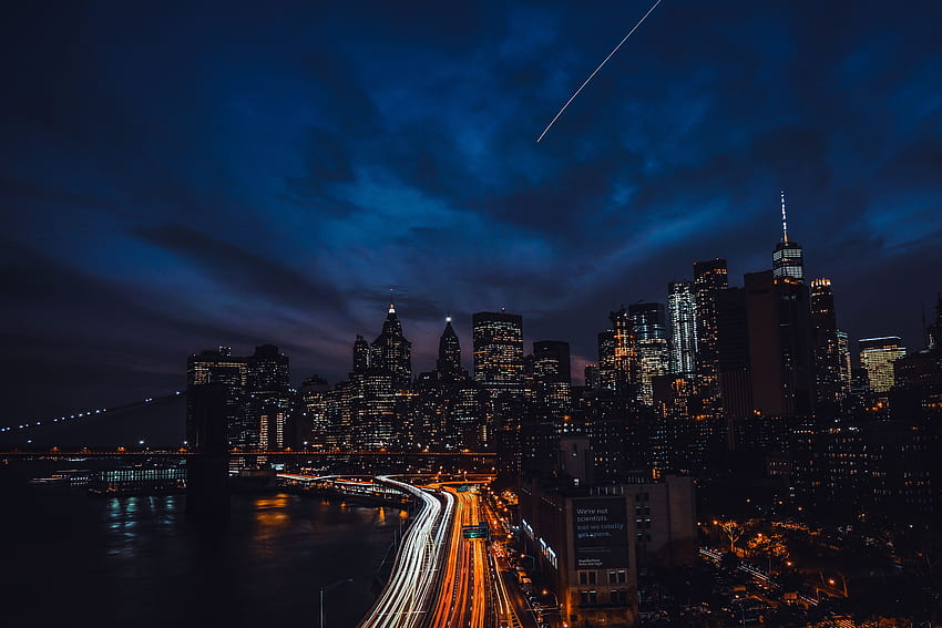Ciudades, Noche, Ciudad de noche, Rascacielos, Puente fondo de pantalla
