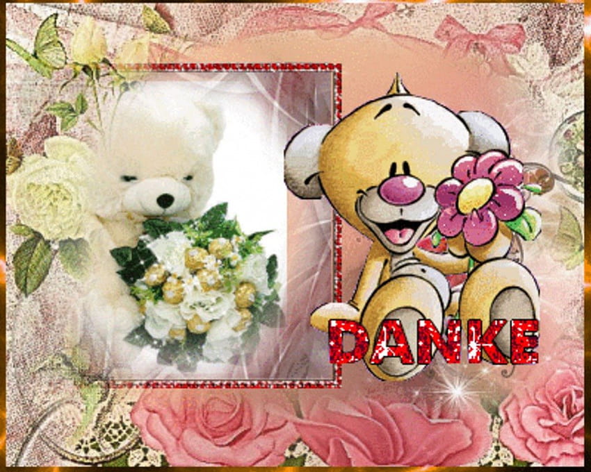 Danke - Thankyou, thank you, postcard, teddy, quote, danke, teddybear, flowers HD wallpaper