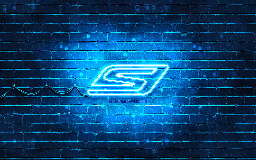 Skechers blue logo, , blue brickwall, Skechers logo, brands, Skechers neon logo, Skechers HD wallpaper