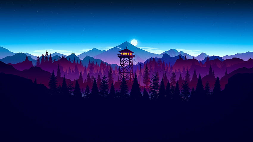 Strażnica, księżyc, góry, las, sztuka U, chłodny księżyc i góry Tapeta HD