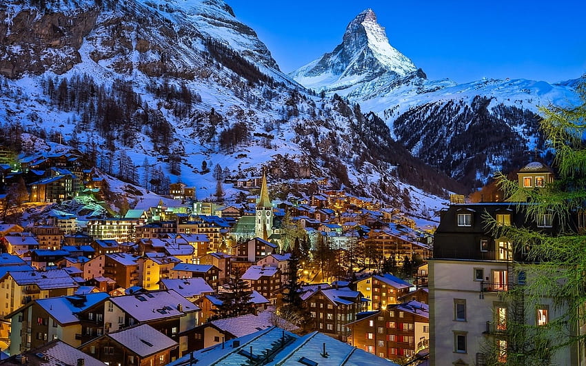 naturaleza, paisaje, noche, luces, casa, pueblo, iglesia, Suiza, Matterhorn, nieve, invierno, montaña, árboles, valle, roca, tejados, Zermatt / and Mobile Background fondo de pantalla