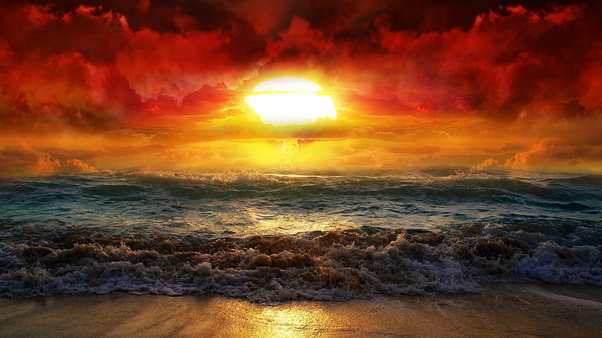 พระอาทิตย์ตกที่น่าตื่นตาตื่นใจ, คลื่น, ชายหาดและทะเล, , , พื้นหลัง, Ncjhyo วอลล์เปเปอร์ HD