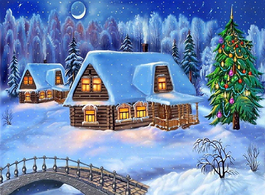 feliz natal, inverno, fantasia, neve, casa papel de parede HD