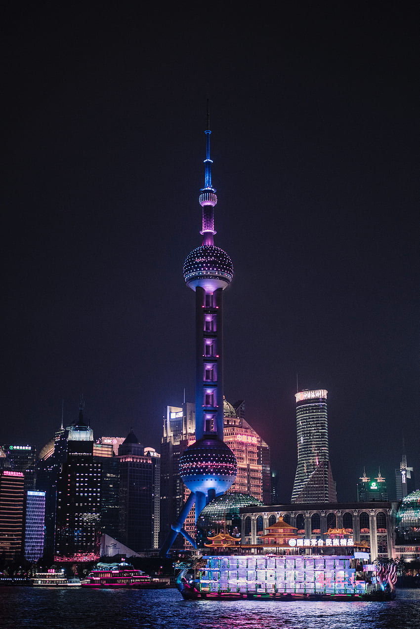 도시, 건축물, 건물, 밤의 도시, 탑, 중국, 상하이 HD 전화 배경 화면