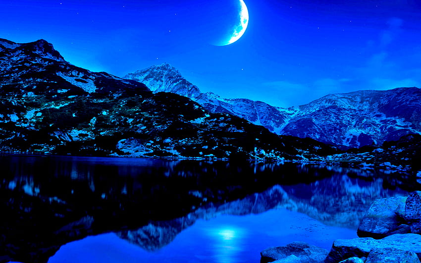 夜の月、自然、自然の風景、空、木、水資源、美しい夜景 高画質の壁紙