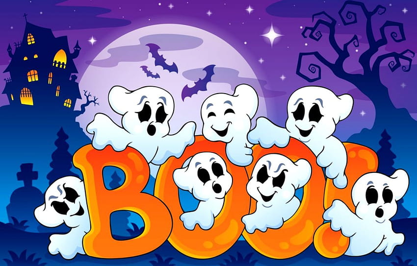 Fantasmas divertidos de Halloween Casa espeluznante Murciélagos Boo Arte de luna llena, Boo Cute Halloween fondo de pantalla