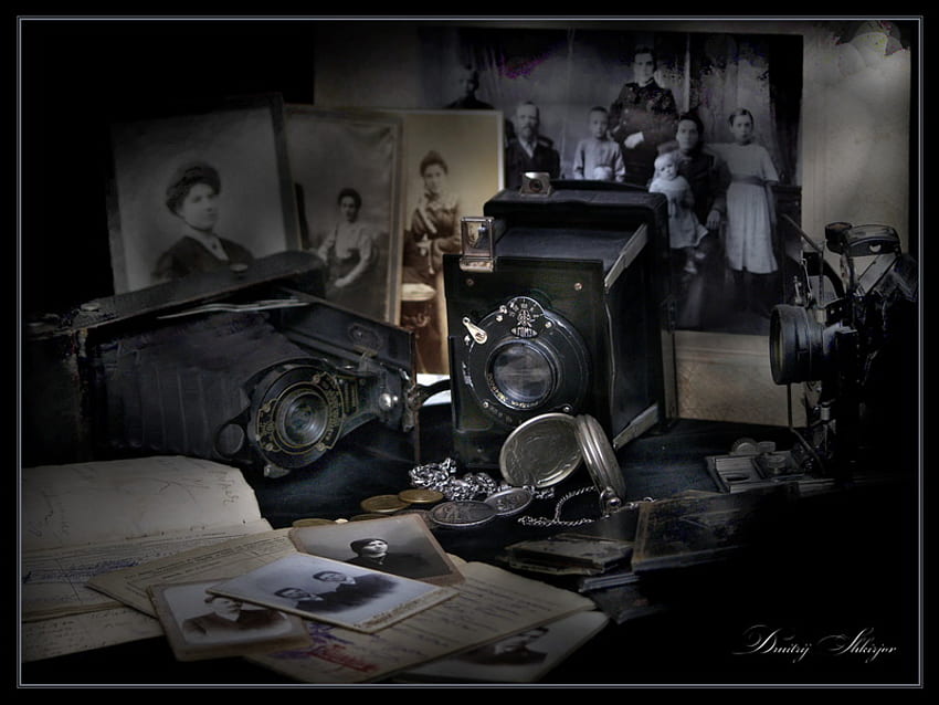 DOWN THE MEMORY LANE 1, old cameras, pocket watch, letters, diaries, graphs, coins HD wallpaper