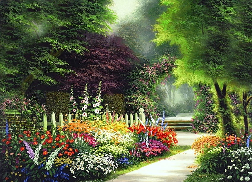 Garden in Springtime, Garden Painting HD wallpaper