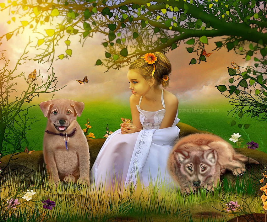 ~The Campaign Dogs~, dogs, digital art, butterflies, campaign, trees, model, weird things people wear, girl, grass, people, backgrounds, creative pre-made, fantasy, manipulation, flowers, lovely, hair HD wallpaper