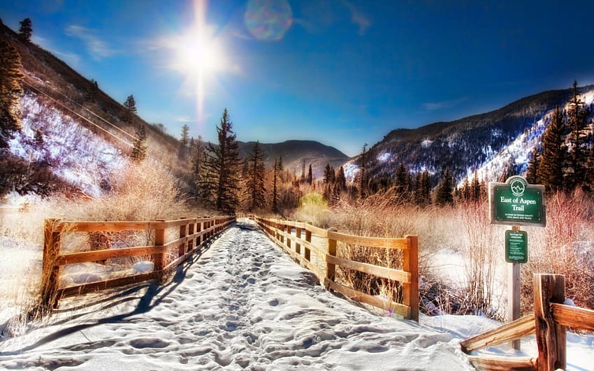 Зимен пейзаж, пейзаж, зима, слънчево, сняг HD тапет