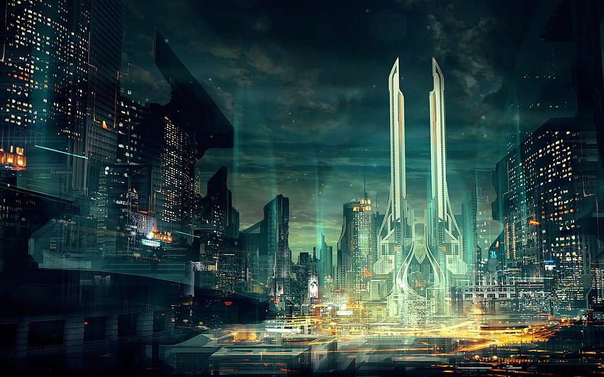 미래의 공상 과학 도시. 배경 HD 월페이퍼