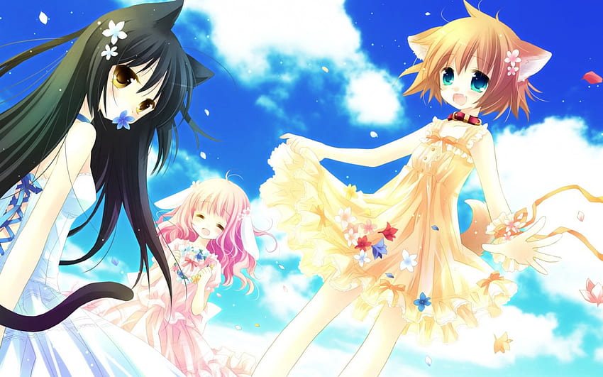 Anime Lolita's, Yellow dress, neko, girls, anime HD wallpaper
