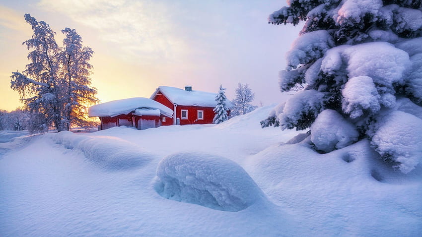 Winter in Sweden, cottage, snow, clouds, landscape, trees, sky HD wallpaper