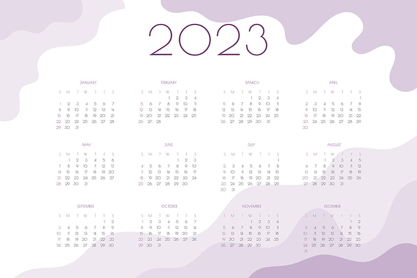 波状のピンクとライラックの要素を持つカレンダーの横向きのテンプレート。 2023年 カレンダー 高画質の壁紙