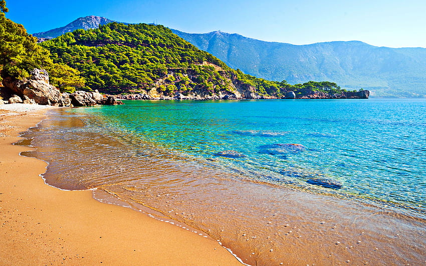 Antalya, plaża, morze śródziemne, Turcja, góry Taurus, kraj górski, wybrzeże, prowincja Antalya z rozdzielczością. Wysoka jakość Tapeta HD