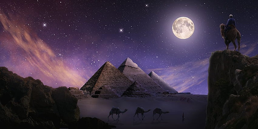 Chameaux Egypte Gizeh Falaise Désert Fantaisie Lune Pyramide Nuit Fond d'écran HD