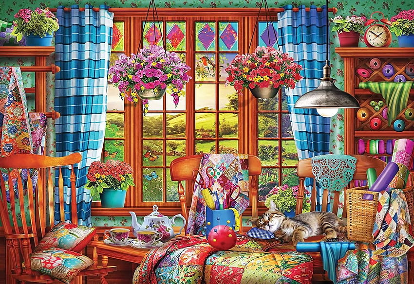 Sewing Room, table, painting, window, needles, cat, flowers, yarn, porcelain HD wallpaper