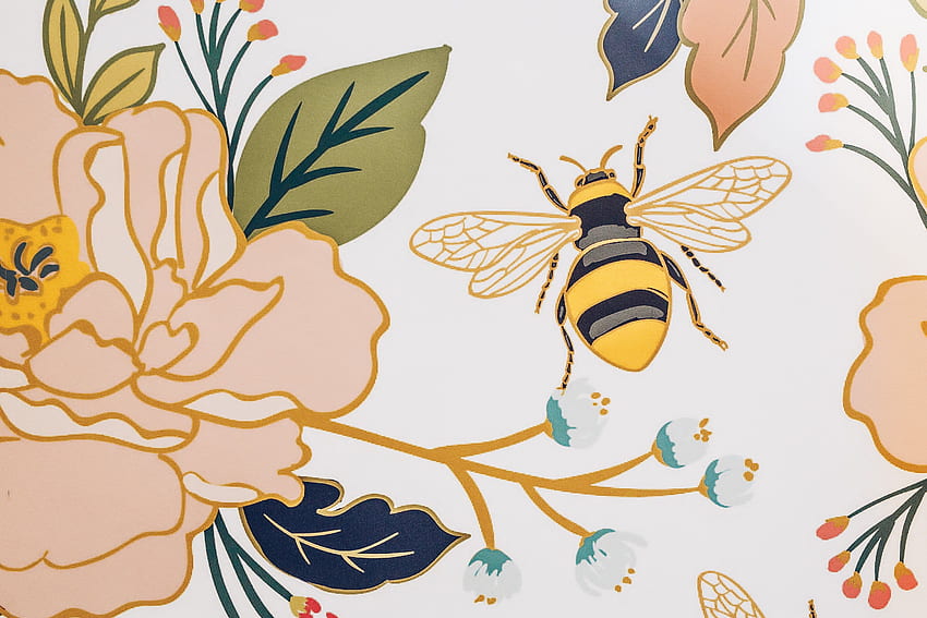 フラワー＆ミツバチ。 Anewall 壁画、ニュートラルフローラル 高画質の壁紙