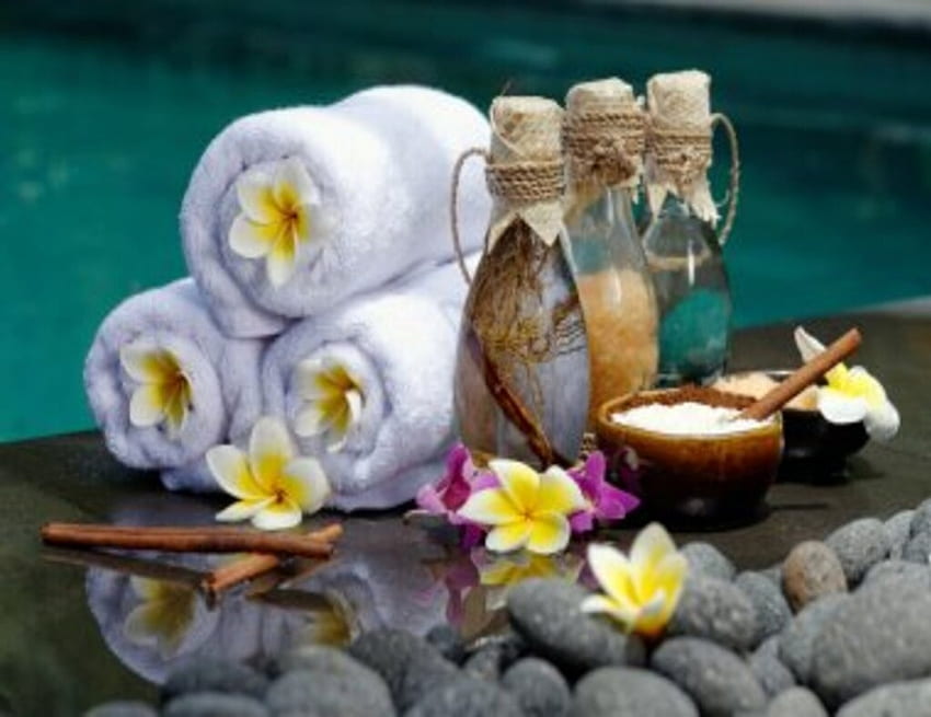 Spa - set, Bath salt, Massage oil, Stones, Towels HD wallpaper