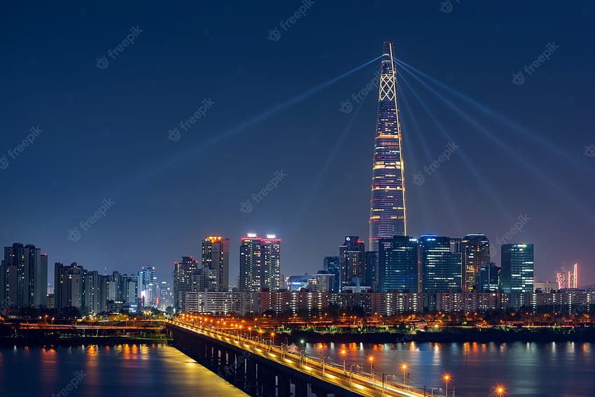 De primera calidad . Hermoso paisaje urbano en lotte world tower en la ciudad de seúl, corea del sur fondo de pantalla