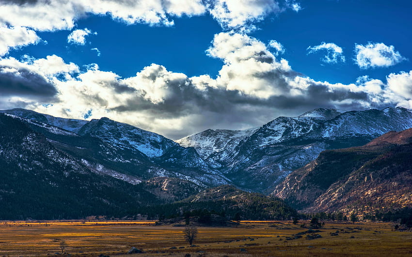 Sezon na ramię w Rocky Mountains NP, Colorado, niebo, chmury, drzewa, jesień, kraj, usa Tapeta HD