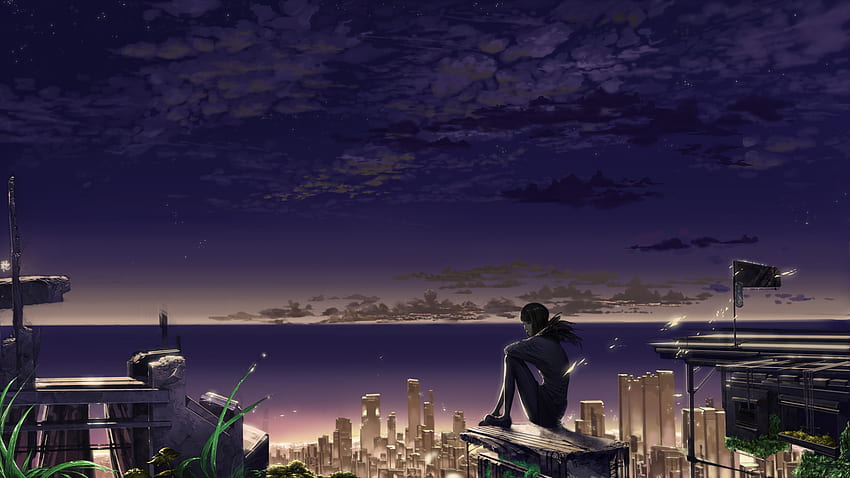 city clouds huanting night original rooftop scenic sky stars water. Anime HD wallpaper
