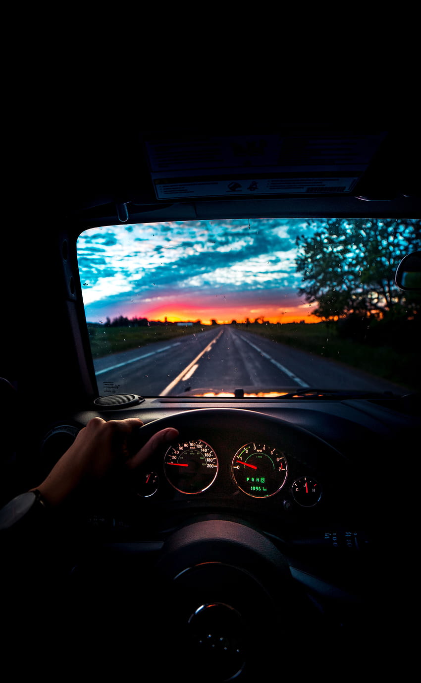 Sunset, Dark, Road, Car, Steering Wheel, Rudder, Travel HD phone wallpaper