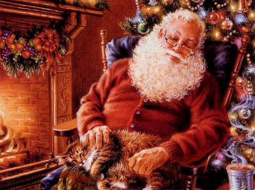 Long Winter's Nap, painting, christmas, chimney, cat, santa HD wallpaper