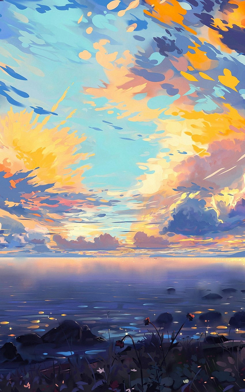Anime Landschaft, Meer, Schiffe, Bunt, Wolken, Landschaftlich, Baum, Horizont für Asus Transformer, Asus Nexus 7, Amazon Kindle Fire 8.9, Wolkenlandschaft HD-Handy-Hintergrundbild