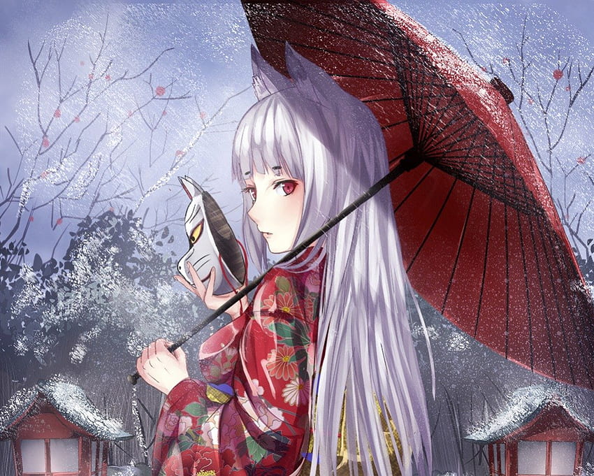 Snow Fox, cabello plateado, invierno, paraguas, kimono, máscara, yukata, ojos rojos, cabello largo, nieve, mujer, kitsune, niña, chica anime, anime, cabello blanco, orejas fondo de pantalla