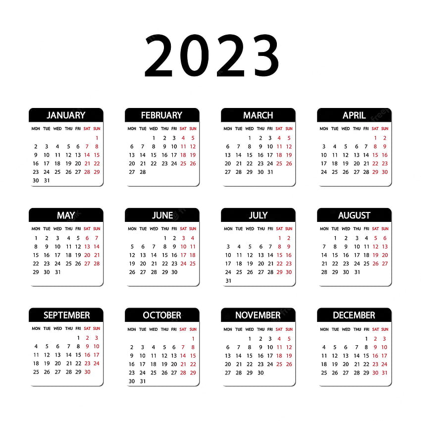 Vecteur Premium. Calendrier 2023 année. la semaine commence lundi. modèle de calendrier russe annuel 2023. chaque mois isolé sur fond blanc avec une ombre. orientation portrait. vecteur Fond d'écran de téléphone HD