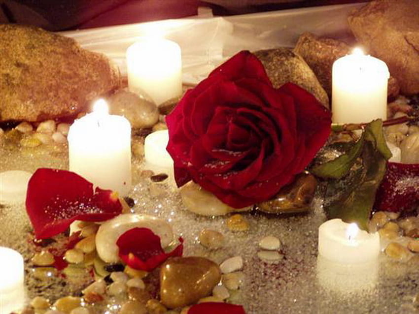 red rose, stone, rose, romance, candle HD wallpaper