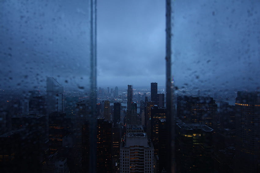 Miasta, deszcz, widok z góry, miasto nocą, drapacze chmur, okno Tapeta HD