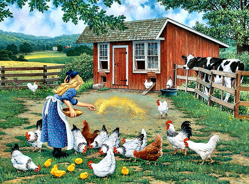 Gather 'Round F2C, bovine, architecture, art, landscape, farm, beautiful, artwork, crops, scenery, wide screen, cows, painting, chickens, planting HD wallpaper