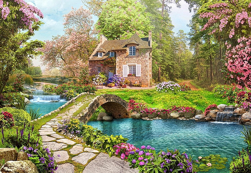 мечтана градина, река, градина, страна, къща HD тапет