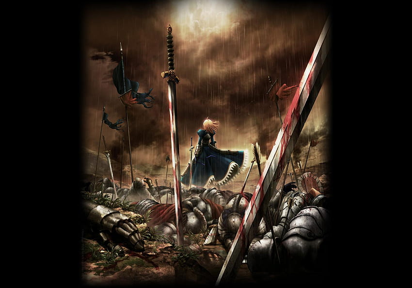 Setelah Perang Cawan Suci, fsn, hujan, baju besi, spanduk, nasib menginap, tentara, senjata, pedang, anime, panah, pedang, awan, langit, darah Wallpaper HD