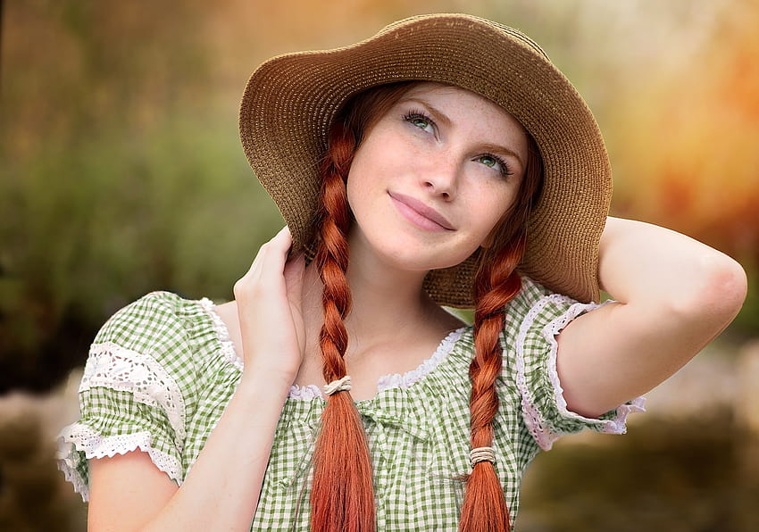 Beauty, model, redhead, girl, hat, braids, woman HD wallpaper