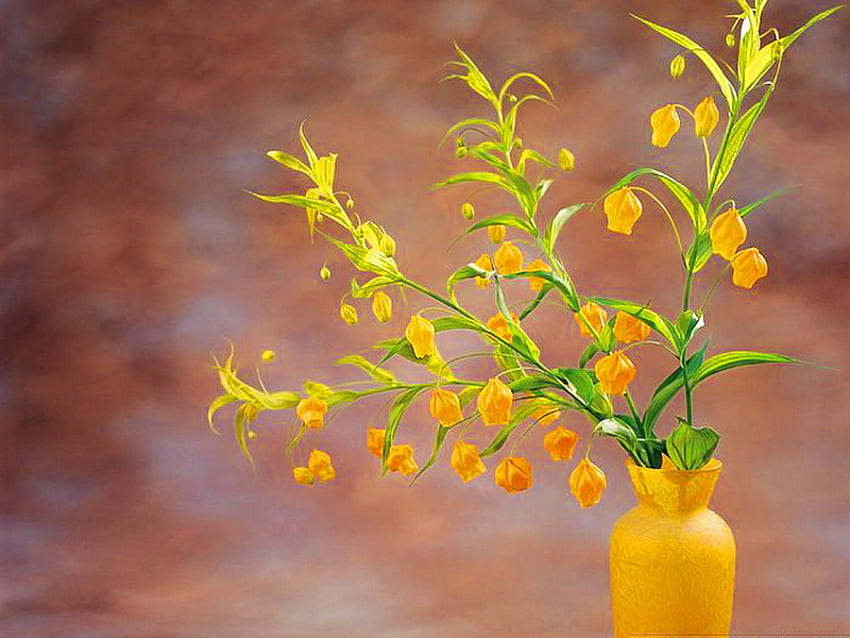 A touch of gold, still life, yellow, green, vase, flowers, gold HD wallpaper