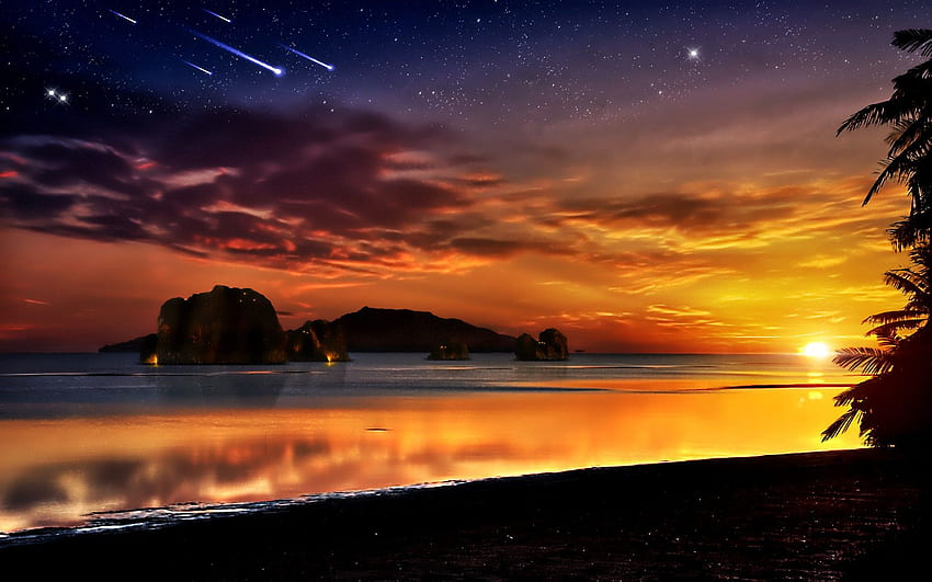 Sunset ocean rocks fantasy art scenic shooting star skyscapes ., Sunset Stars HD wallpaper