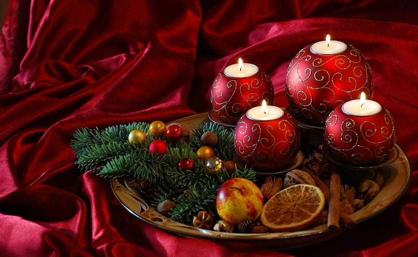 Holidays, New Year, Candles, Christmas, Needles, Silk, Treats HD wallpaper