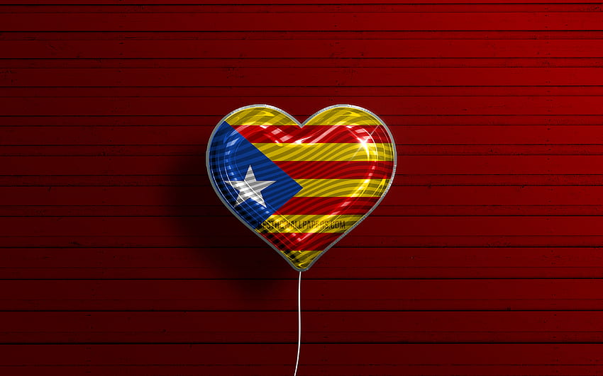 Eu Amo Estelada Catalunha, balões realistas, fundo vermelho de madeira, Dia da Estelada Catalunha, Comunidades da Espanha, bandeira da Estelada Catalunha, Espanha, balão com bandeira, comunidades espanholas, Estelada Catalunha bandeira, Estelada Catalunha papel de parede HD