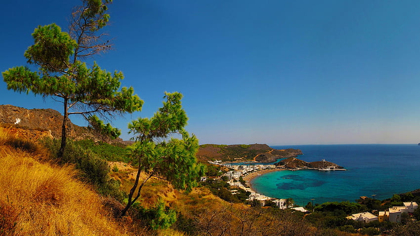 Mediterranean Bay in Greece, sea, coast, landscape, trees, sky, houses, rocks, village HD wallpaper