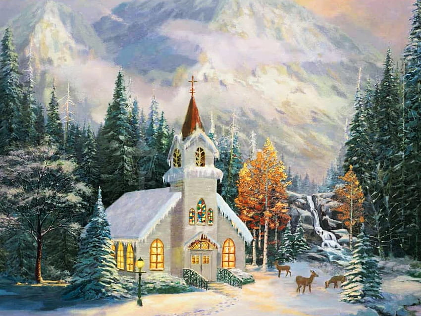 Deer Creek Chapel, mountains, church, snow, artwork, painting, trees HD wallpaper