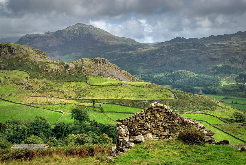 Nature, Fields, Mountains, Structure, Scotland, Ruin, Ruins, Agriculture HD wallpaper