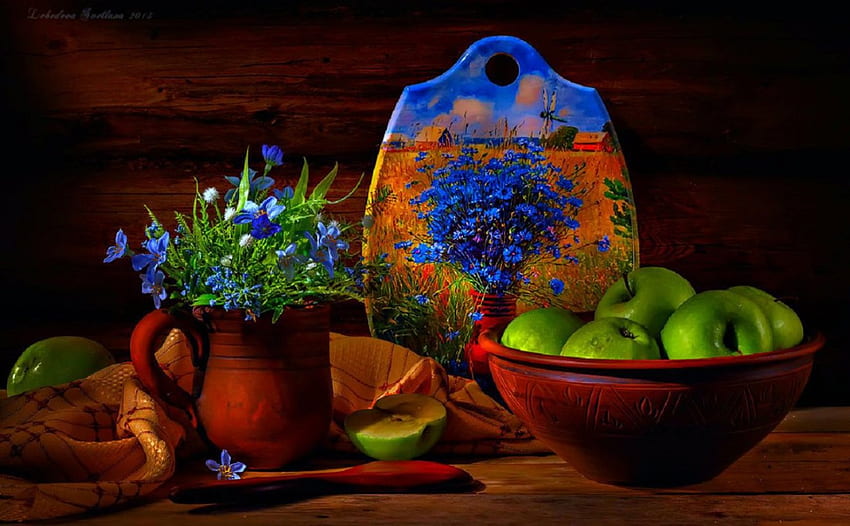 Still life, table, painting, plants, art, fruits, pot HD wallpaper