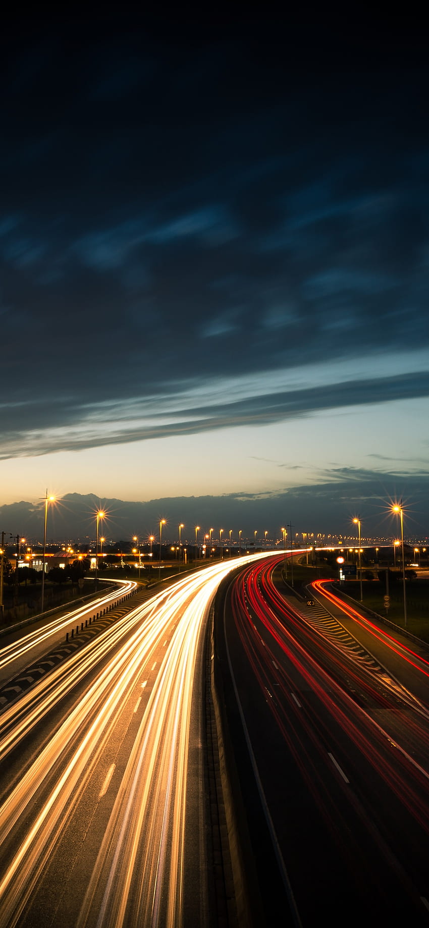 Autobahn, Lichtspuren, Langzeitbelichtung, Nacht, Abenddämmerung, Grafik, iPhone mit Langzeitbelichtung HD-Handy-Hintergrundbild