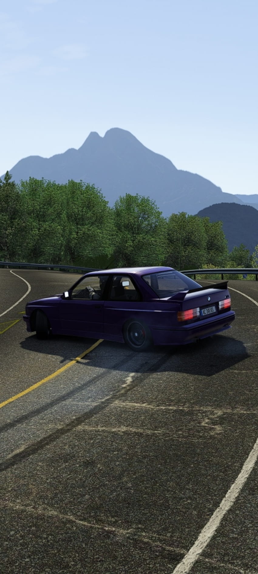 BMW M3 E30 Drift, iluminación automotriz, montaña, automóvil, assetto corsa, mbd_design fondo de pantalla del teléfono